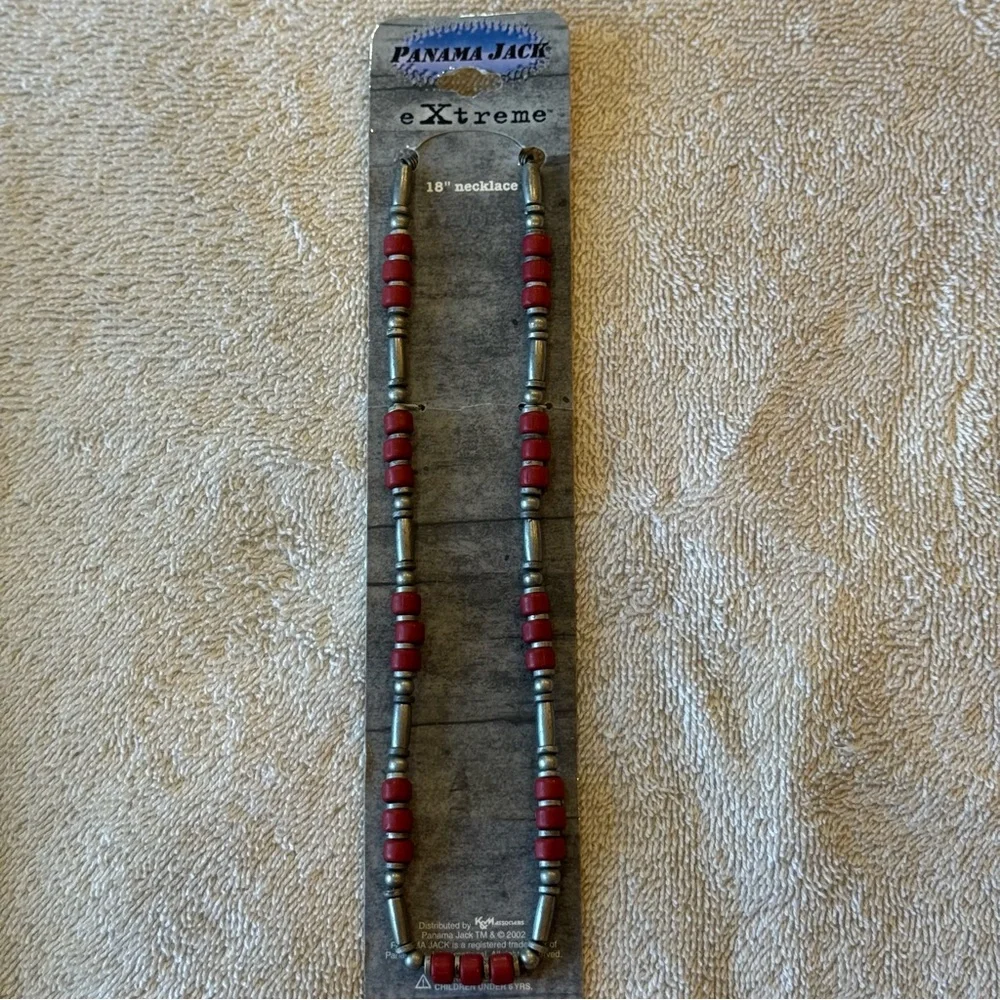 Panama Jack eXtreme 18” Beaded Necklace Red Silver Y2K‎ NOS